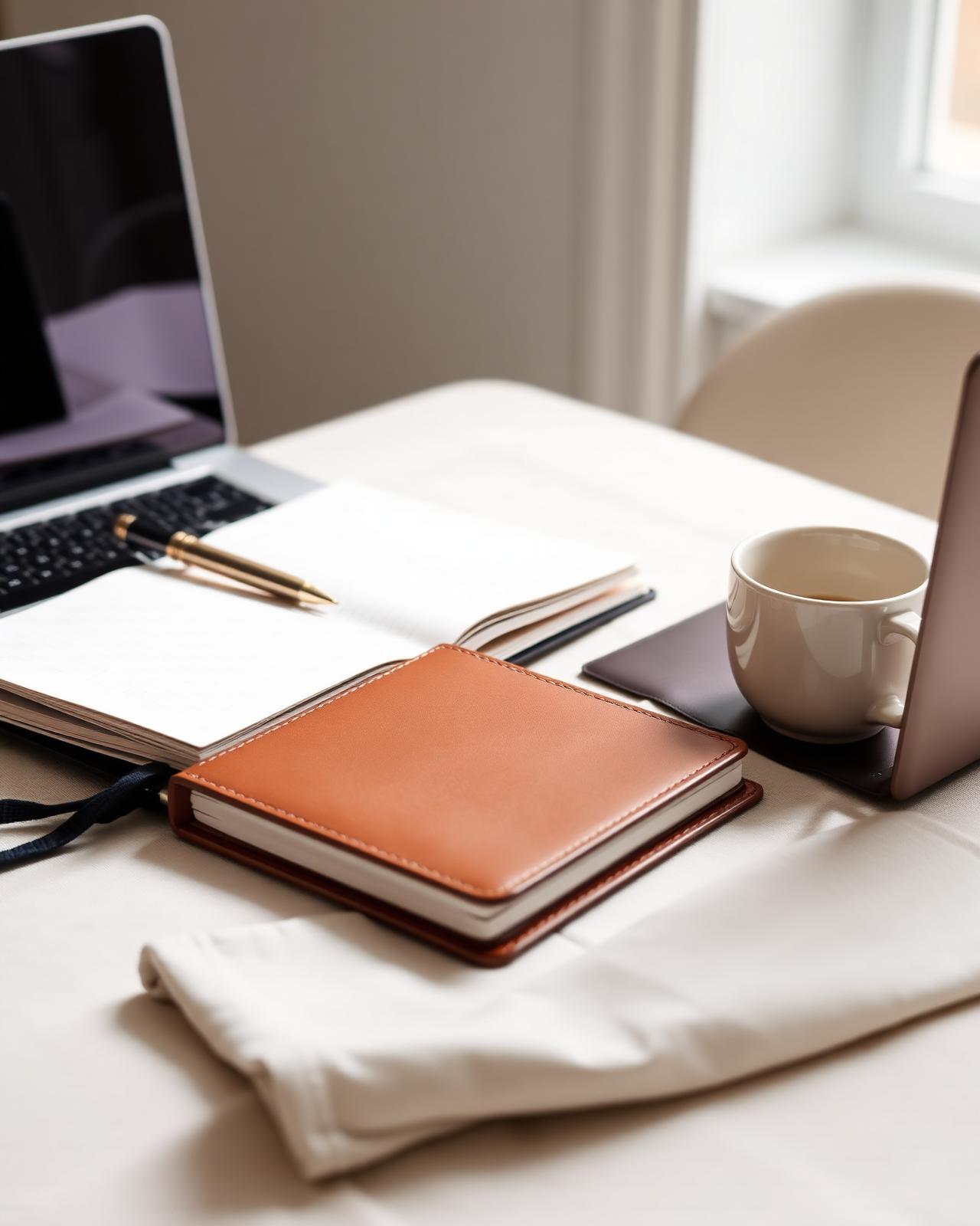 Executive workspace with leather notebook, laptop, and coffee